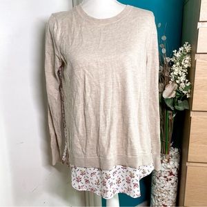 Loft Tan and White Floral Back Sweater Blouse M
